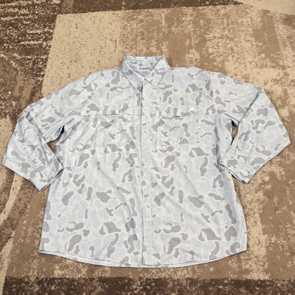 Huk Tide Point Shirt Mens 3XL Blue Camouflage Fishing Vented Stretch Performance